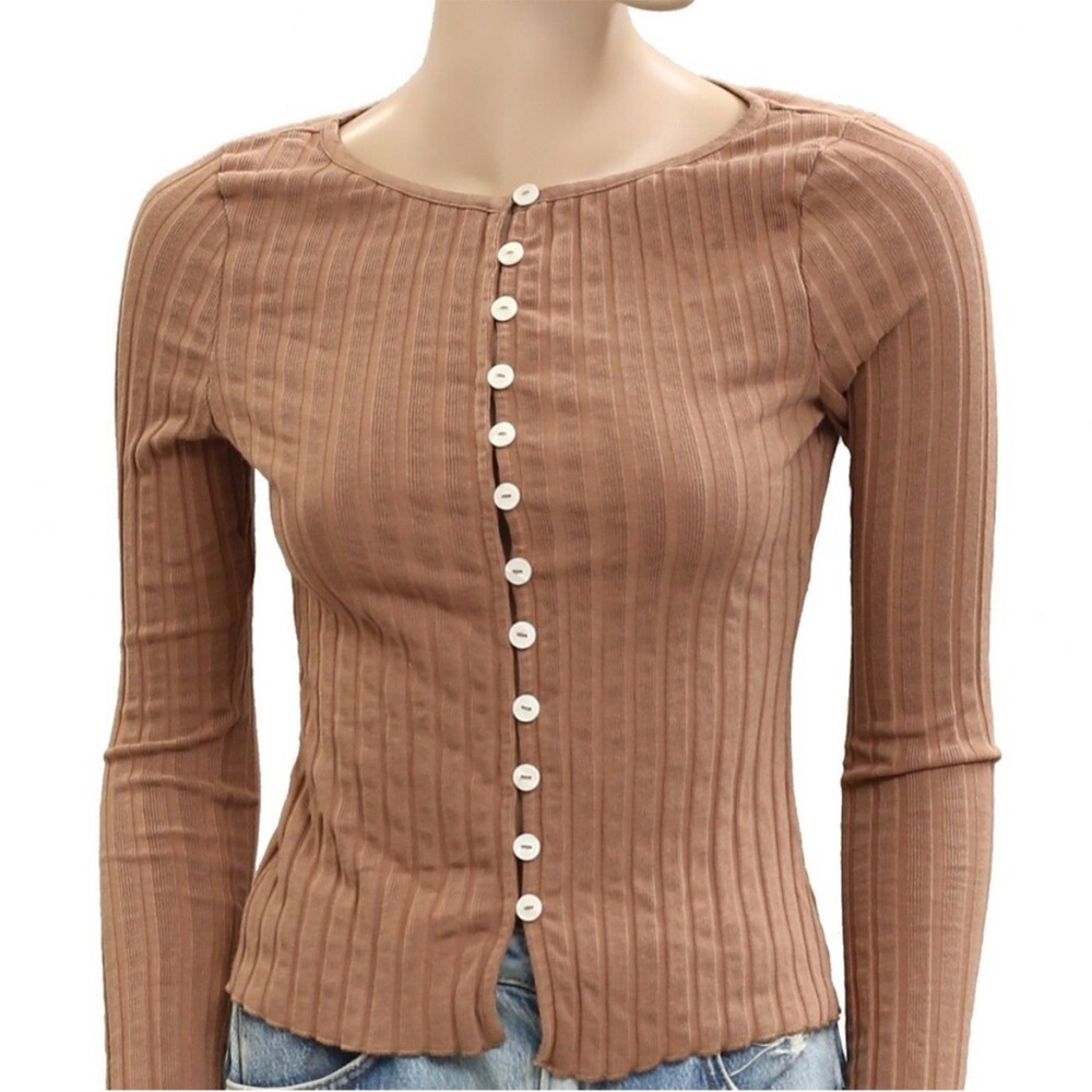 Free People Tilly Long-Sleeve Cardi Blouse Top Knit Ribbed Buttondown XS 281480 - Picture 7 of 16